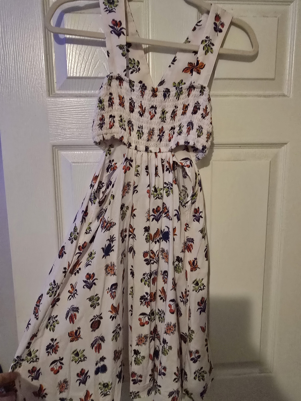Anthropologie White Floral Smocked Sundress with Orange and Green Accents